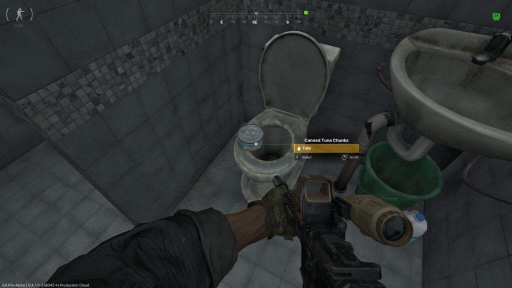 Comical image of a can of tuna found on a disgusting toilet in Gray Zone Warfare.